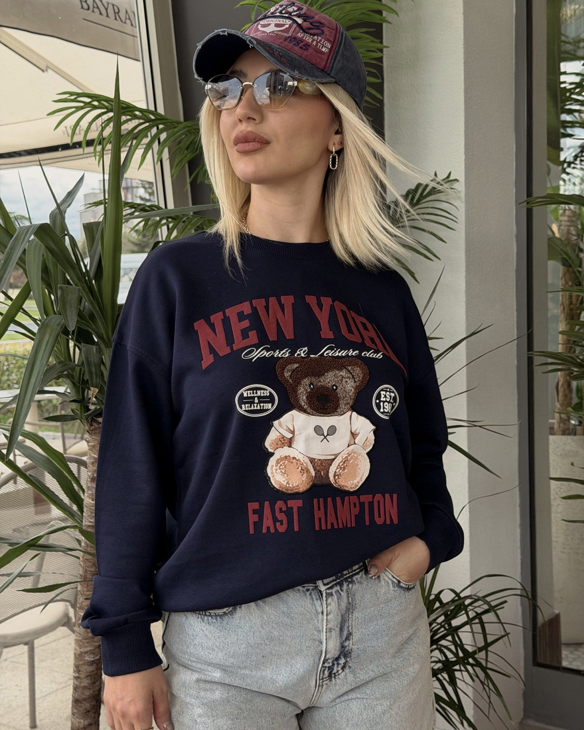 Lacivert New York Baskılı Kadın Sweatshirt