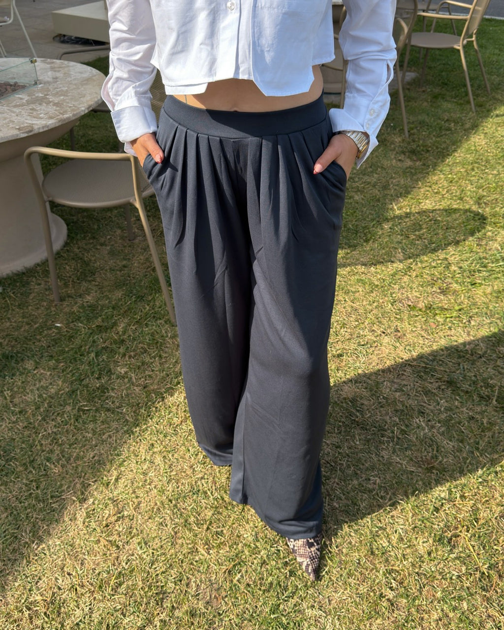 Kadın Füme Modal Pileli Bol Paça Pantolon