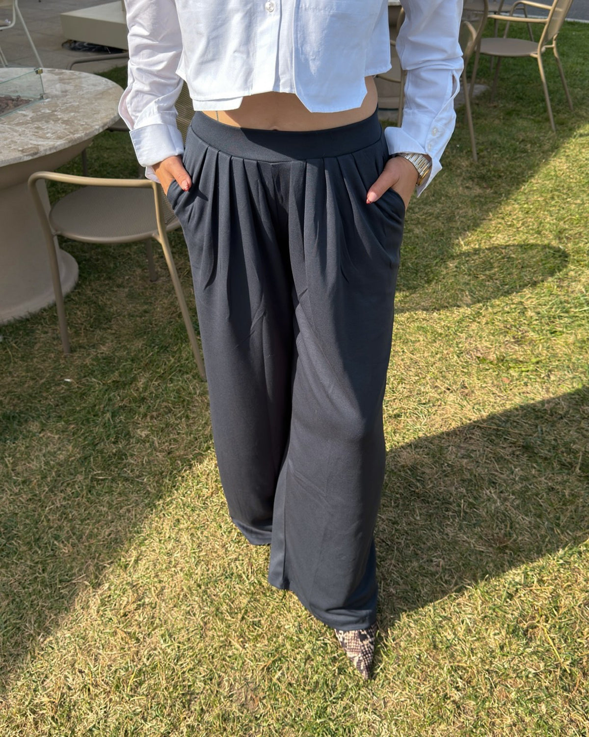 Kadın Füme Modal Pileli Bol Paça Pantolon