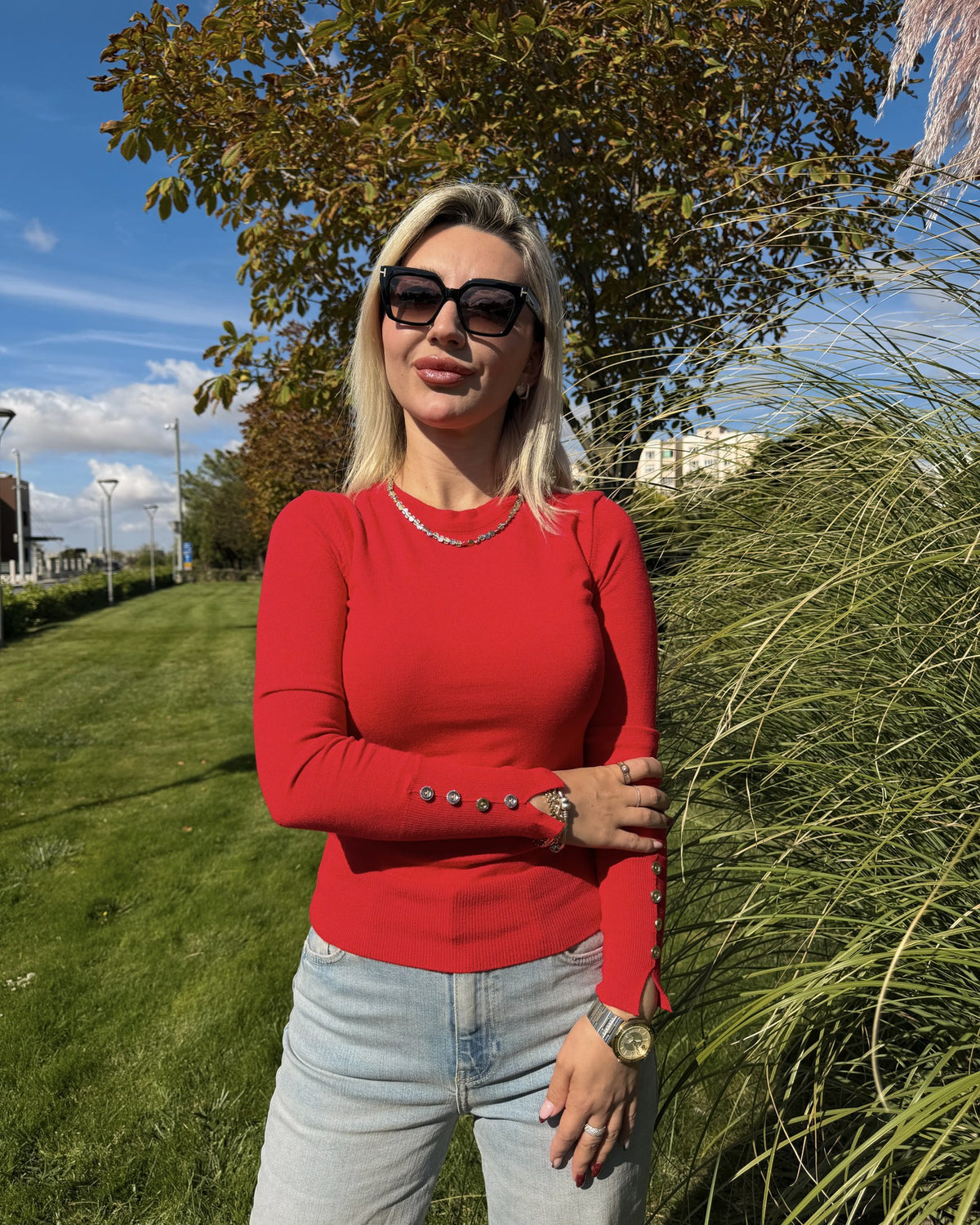 Kadın Kırmızı Düğme Detaylı Triko