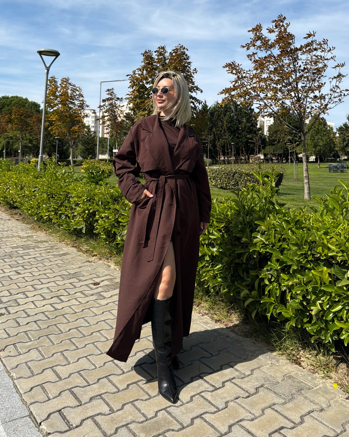 Kadın Acı Kahve Uzun Kemerli Trençkot