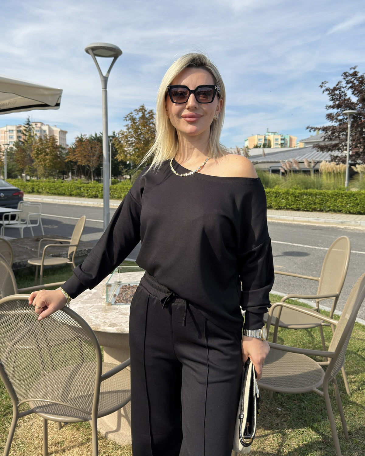 Kadın Siyah Kayık Yaka Modal İkili Takım