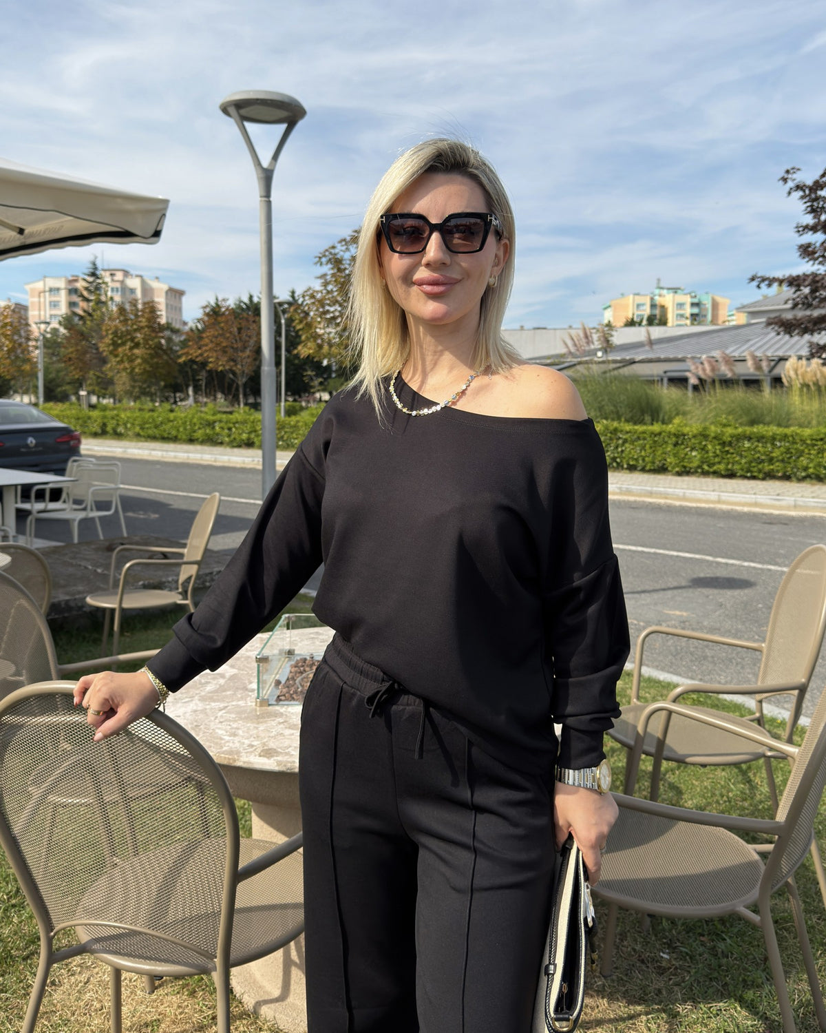 Kadın Siyah Kayık Yaka Modal İkili Takım