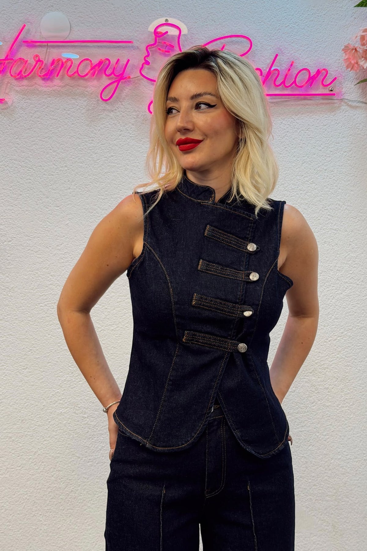 Lacivert Denim Yelek & Pantolon İkili Takım