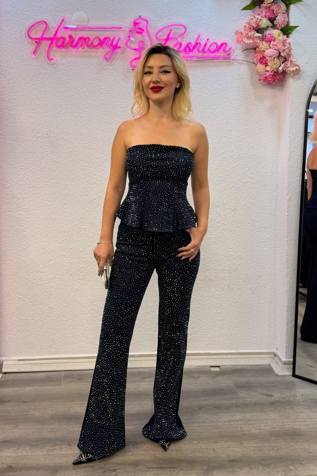 Taş Detaylı Straplez Denim İkili Takım