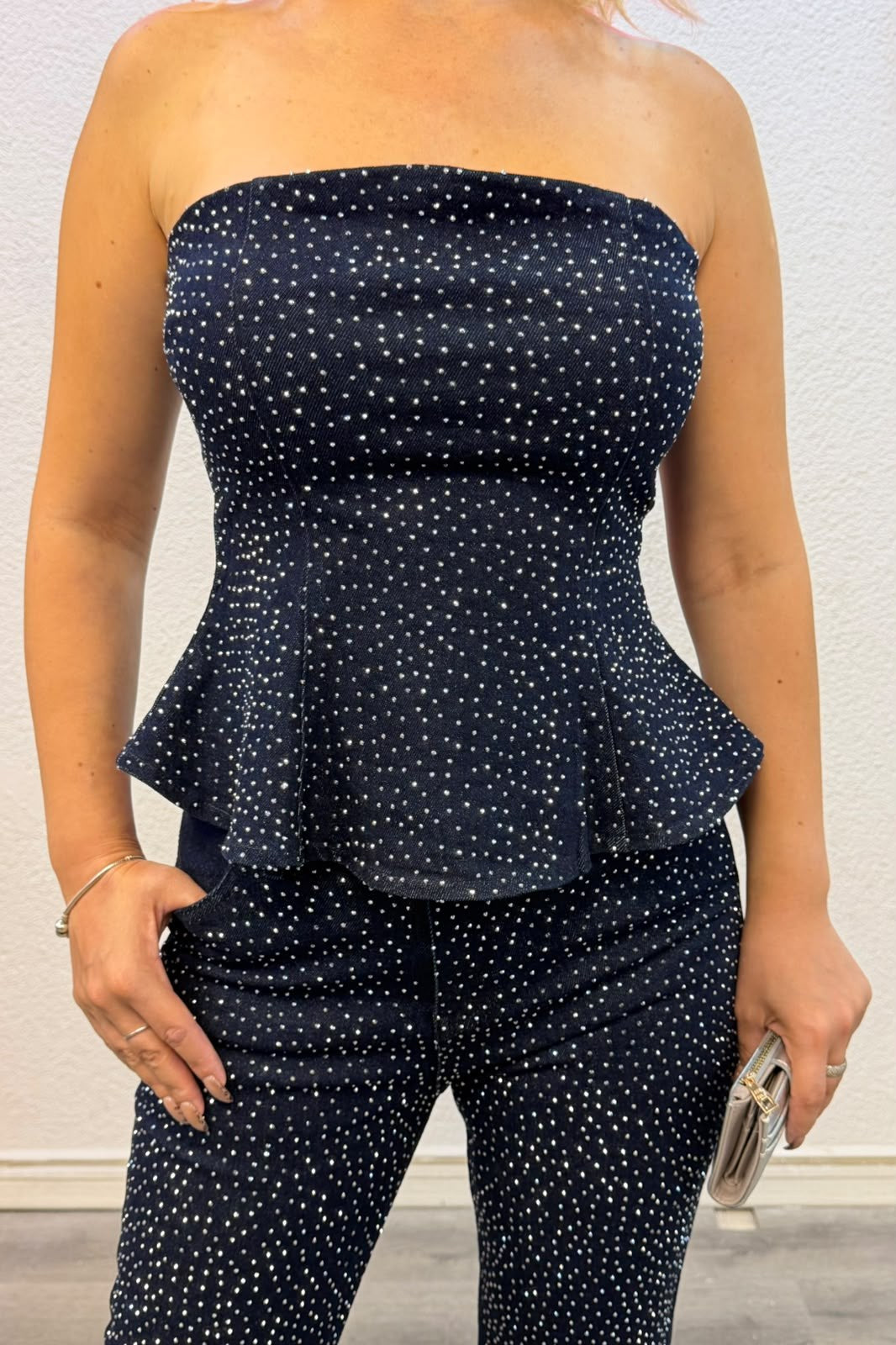 Taş Detaylı Straplez Denim İkili Takım
