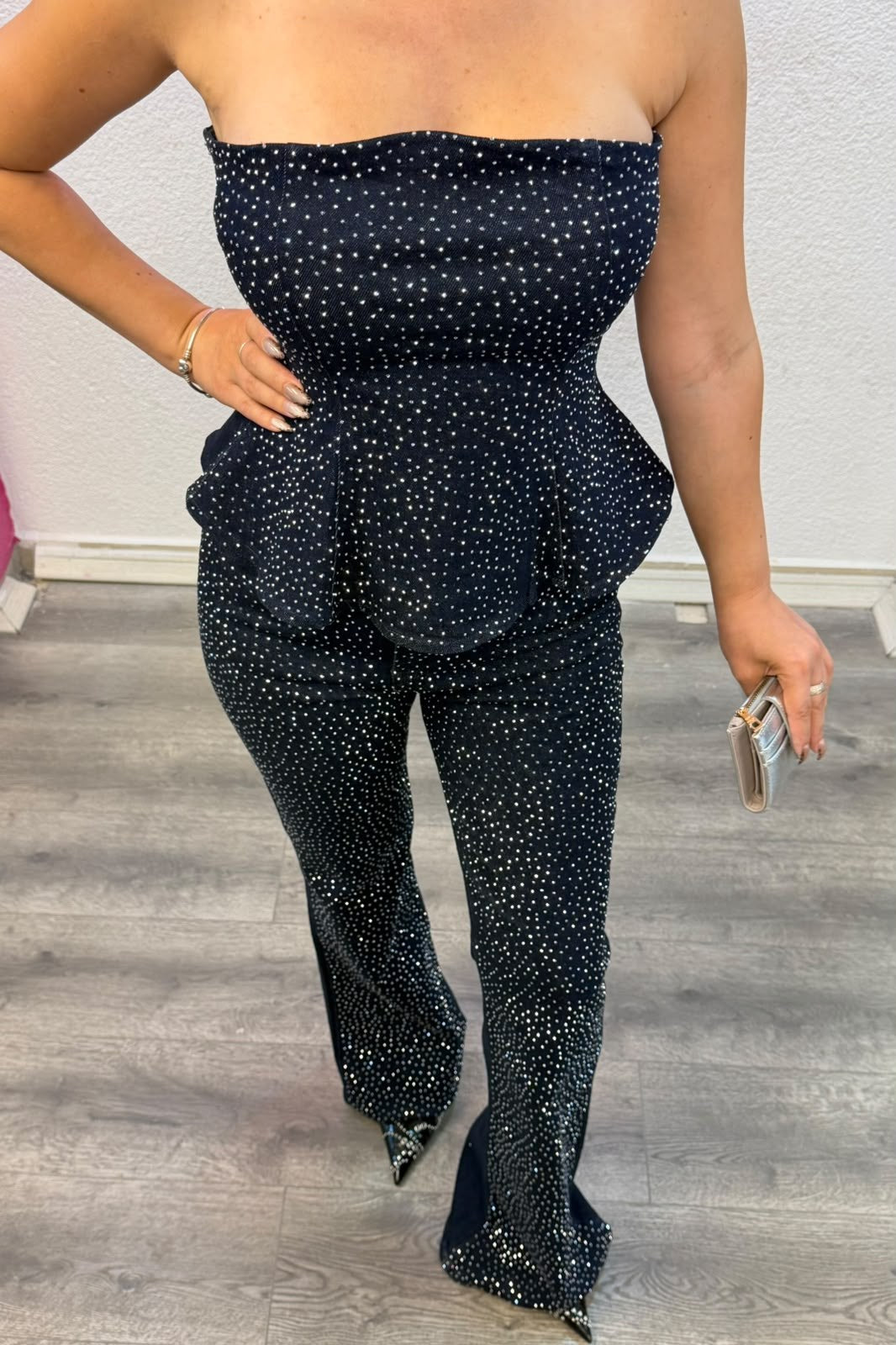 Taş Detaylı Straplez Denim İkili Takım