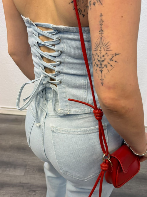 Açık Mavi Straplez Denim İkili Takım
