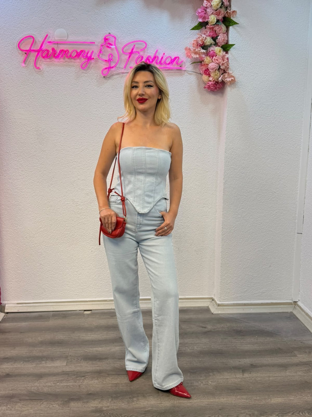 Açık Mavi Straplez Denim İkili Takım