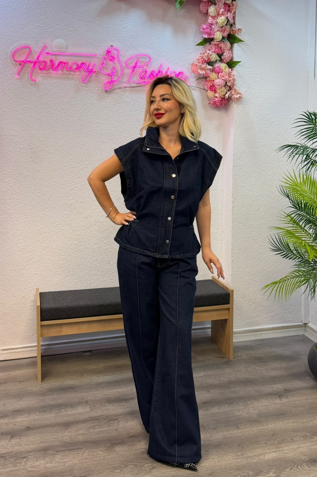 Koyu Lacivert Denim İkili Takım