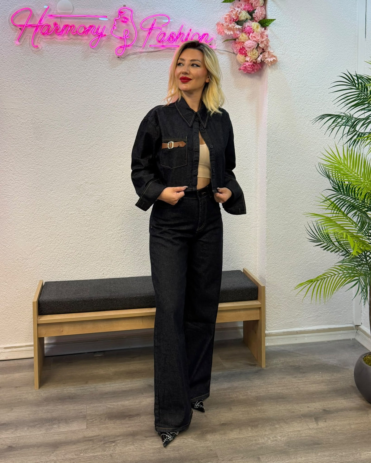 Siyah Denim Ceket & Pantolon İkili Takım