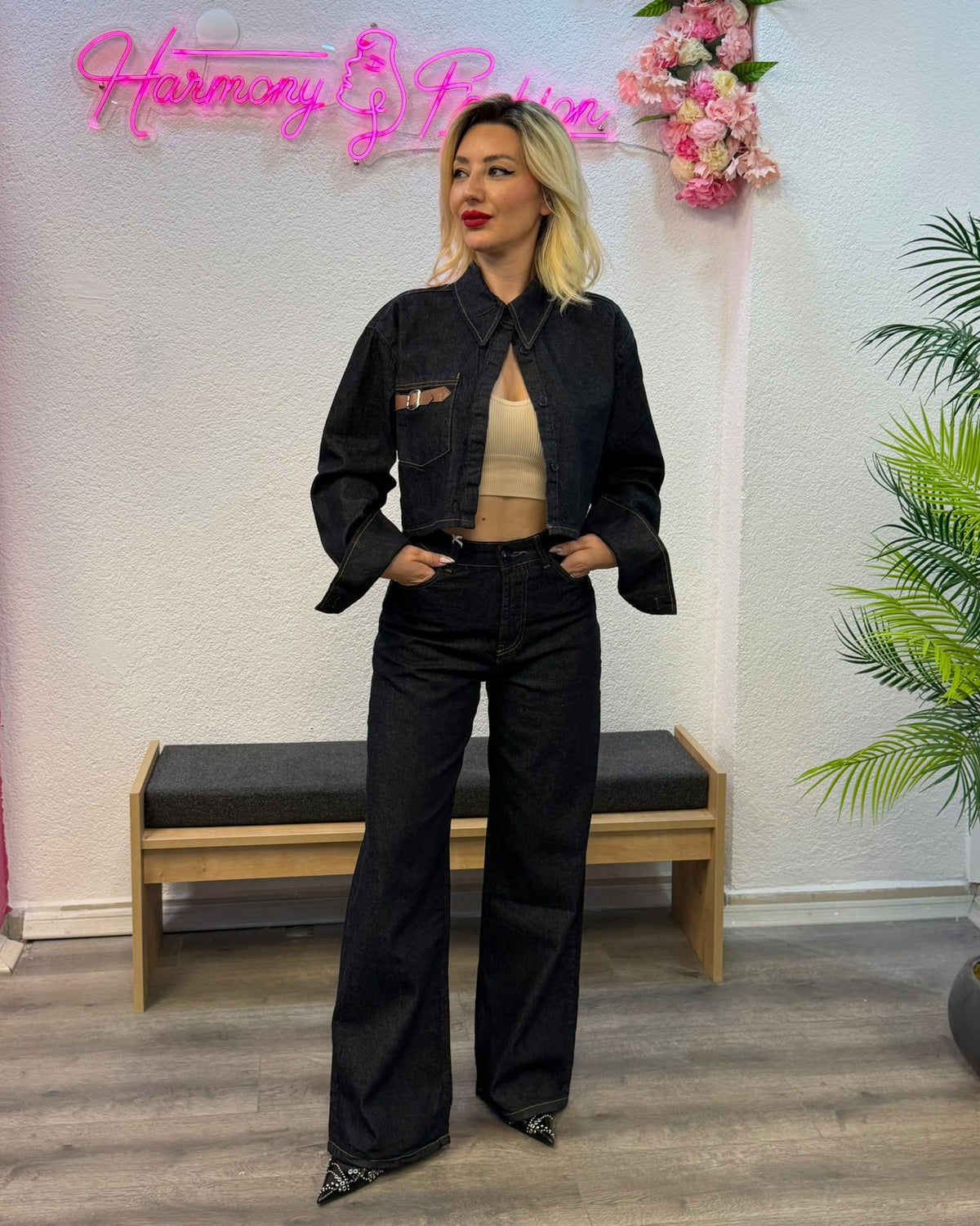 Siyah Denim Ceket & Pantolon İkili Takım