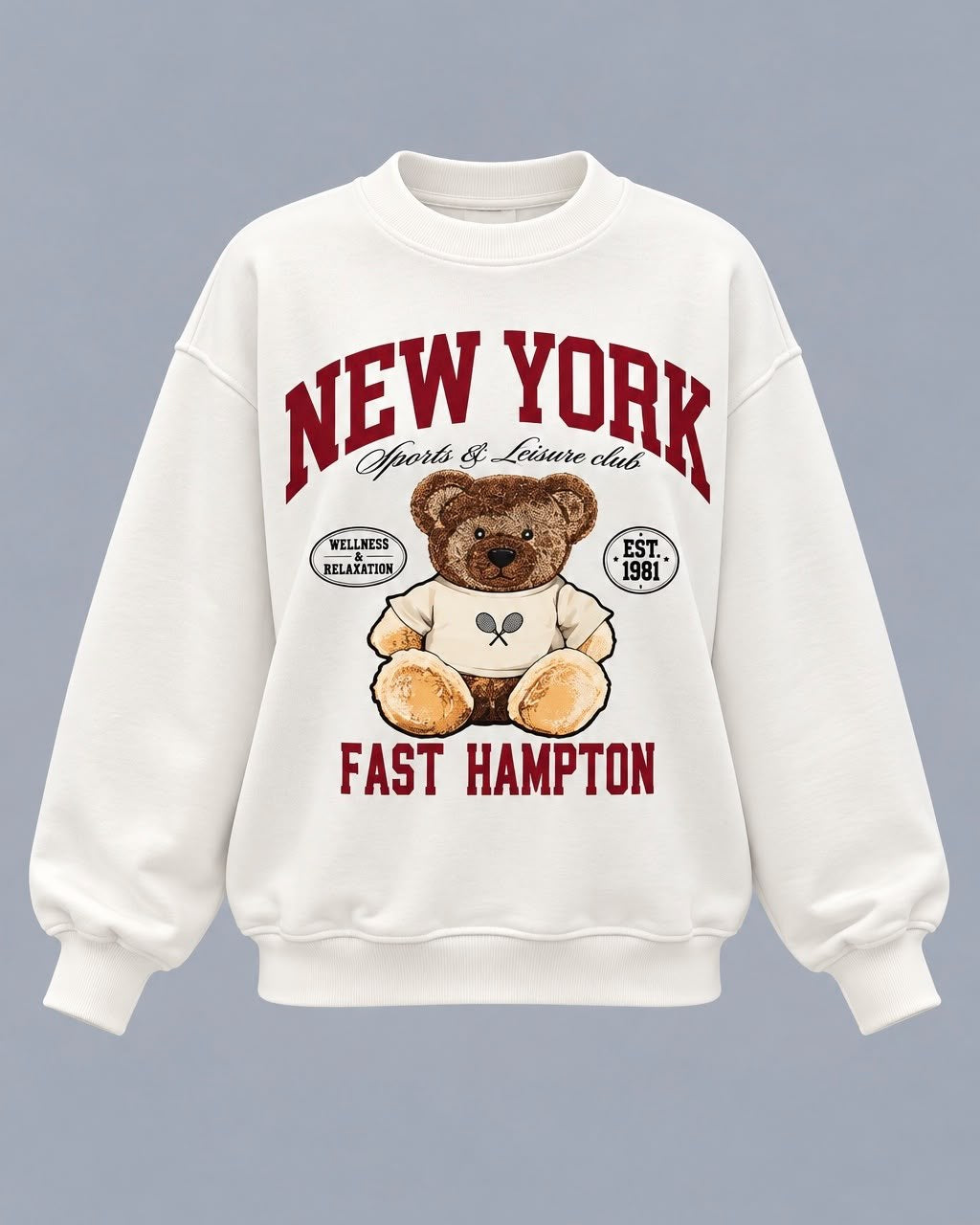 Ekru New York Ayıcık Baskılı Kadın Sweatshirt