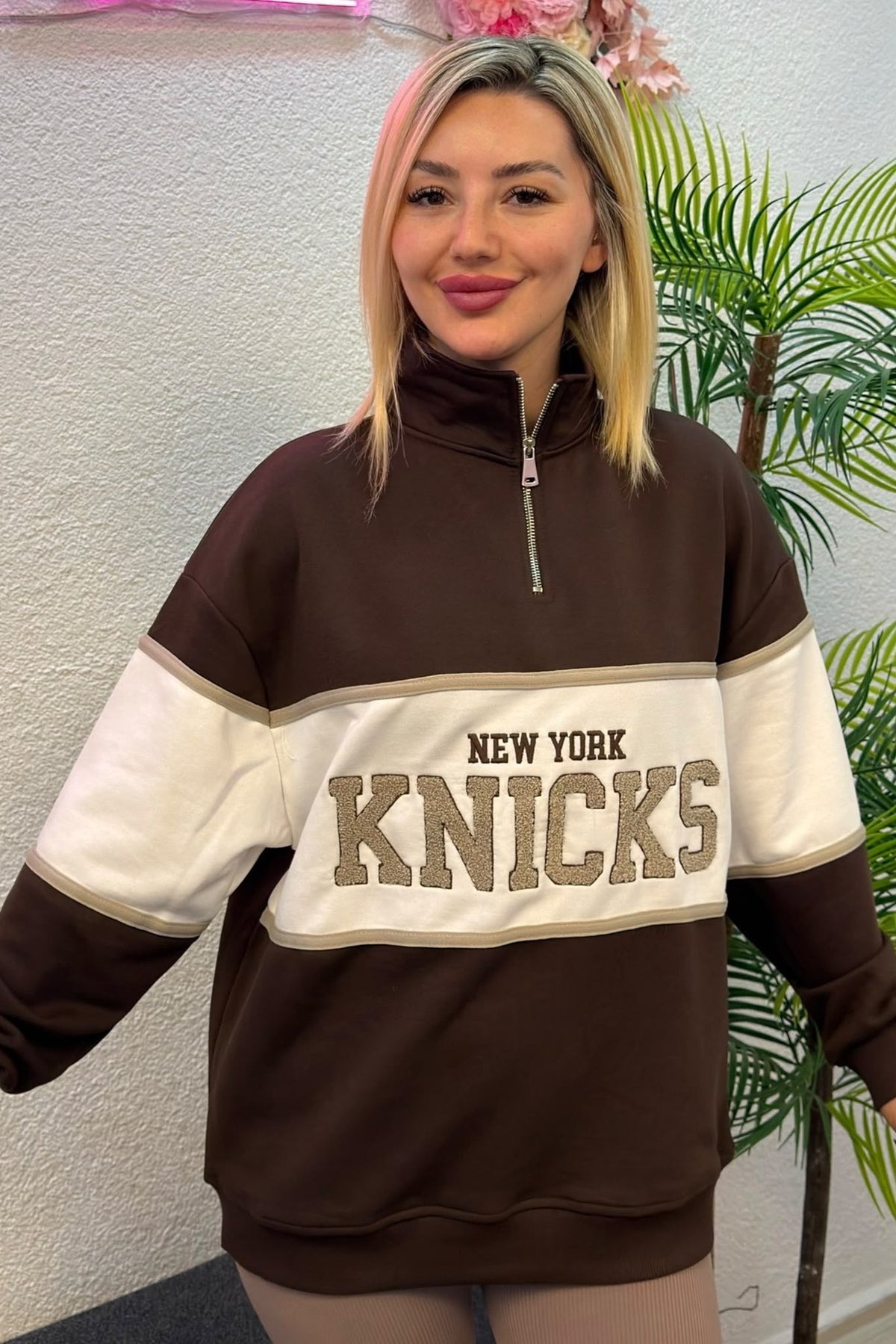 Kadın Kahverengi New York Knicks Baskılı Fermuarlı Sweatshirt