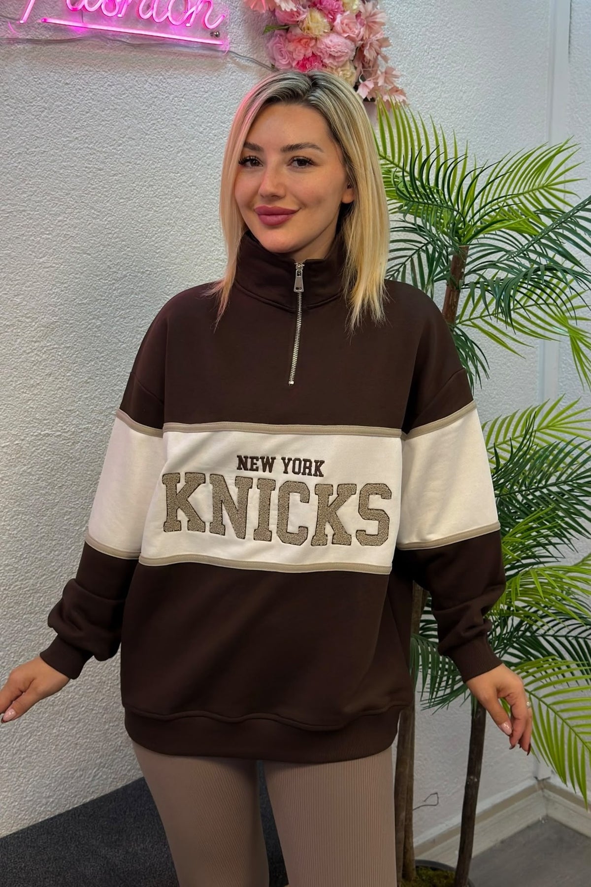 Kadın Kahverengi New York Knicks Baskılı Fermuarlı Sweatshirt