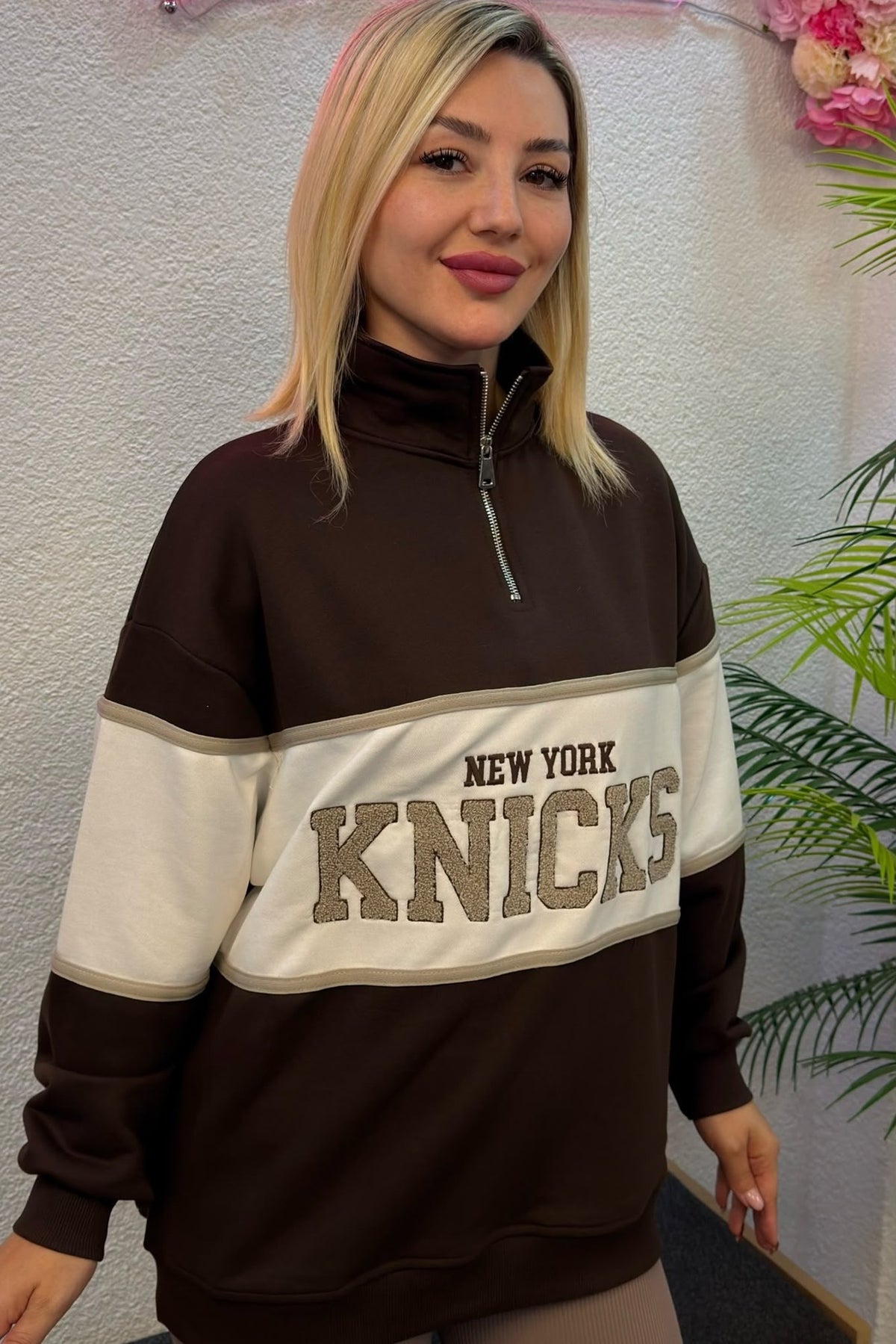 Kadın Kahverengi New York Knicks Baskılı Fermuarlı Sweatshirt