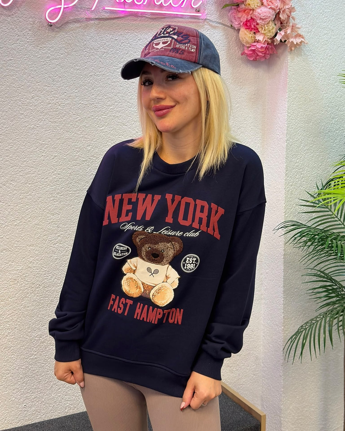 Lacivert New York Ayıcık Baskılı Kadın Sweatshirt