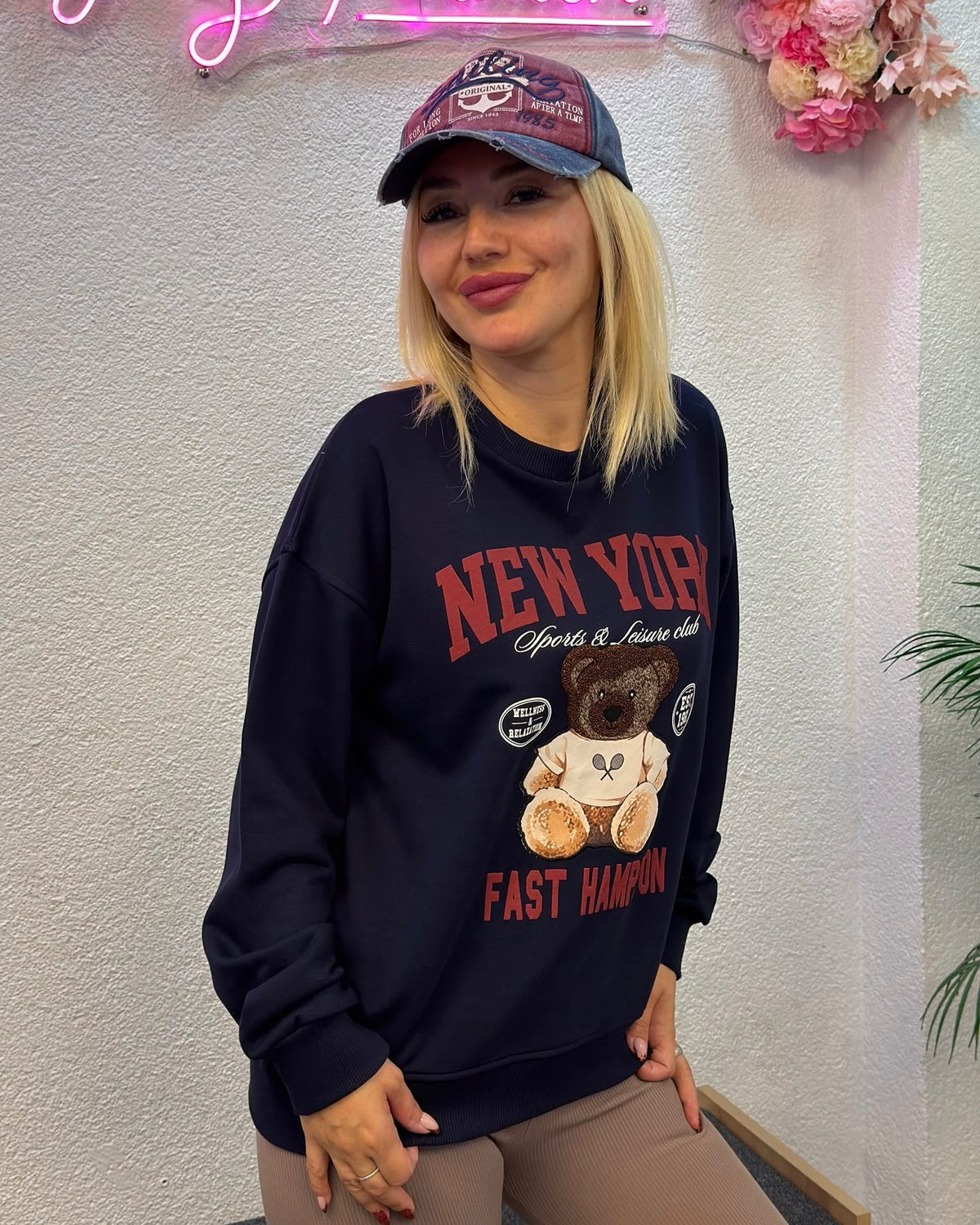 Lacivert New York Ayıcık Baskılı Kadın Sweatshirt