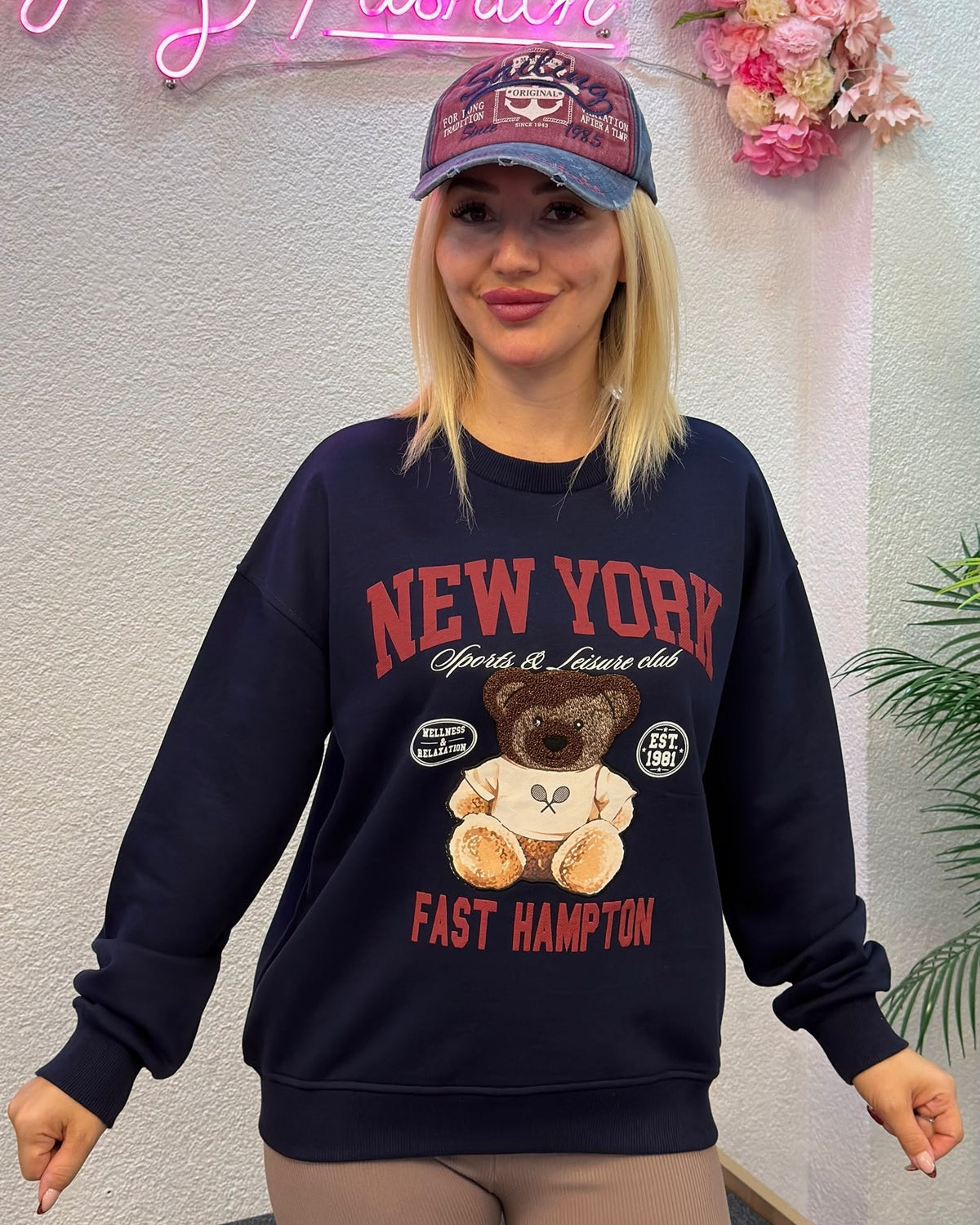 Lacivert New York Ayıcık Baskılı Kadın Sweatshirt