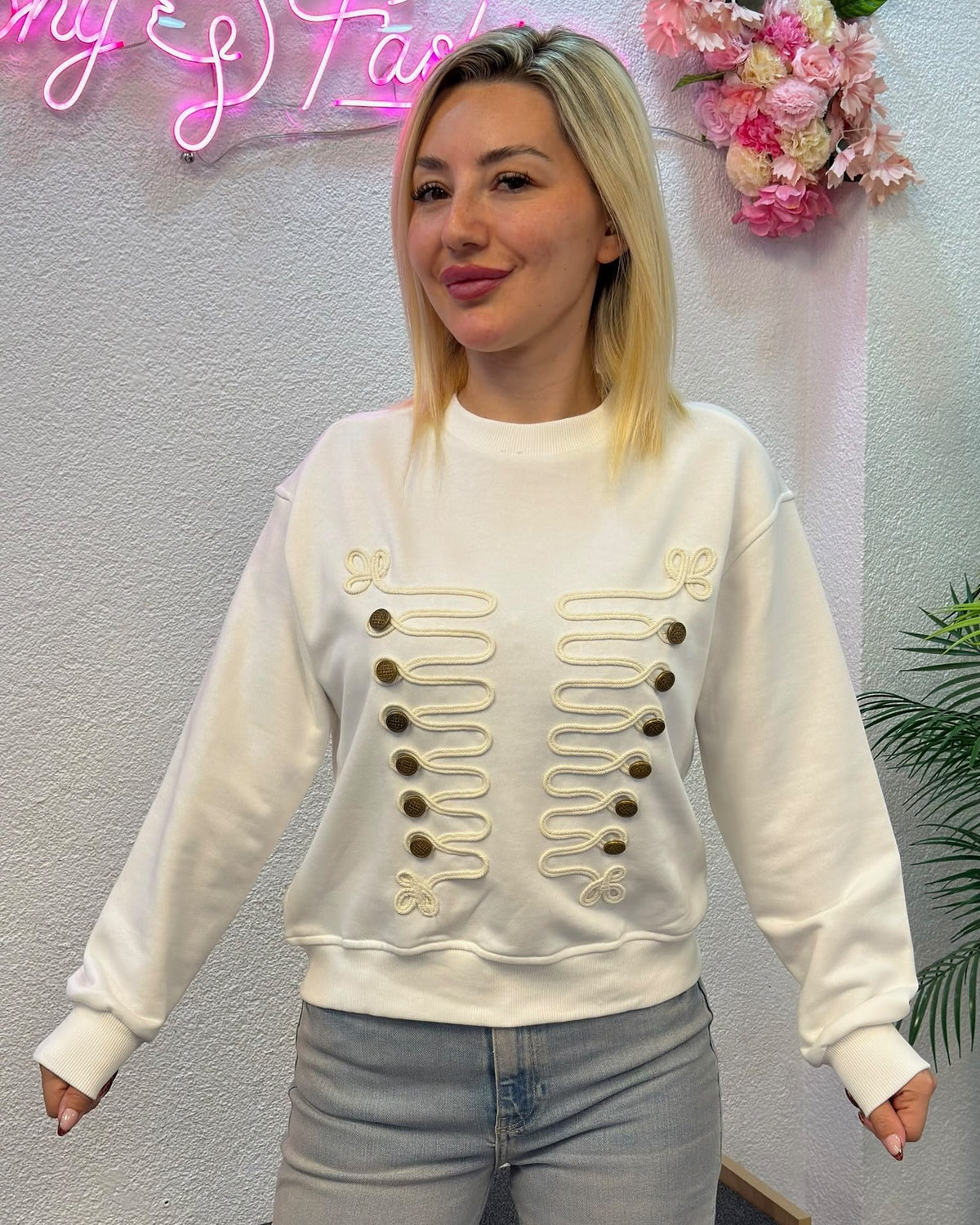 Kadın Ekru Gold Düğme Detaylı Sweatshirt