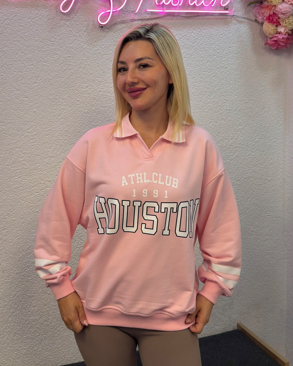 Kadın Pembe Houston Baskılı Polo Yaka Sweatshirt
