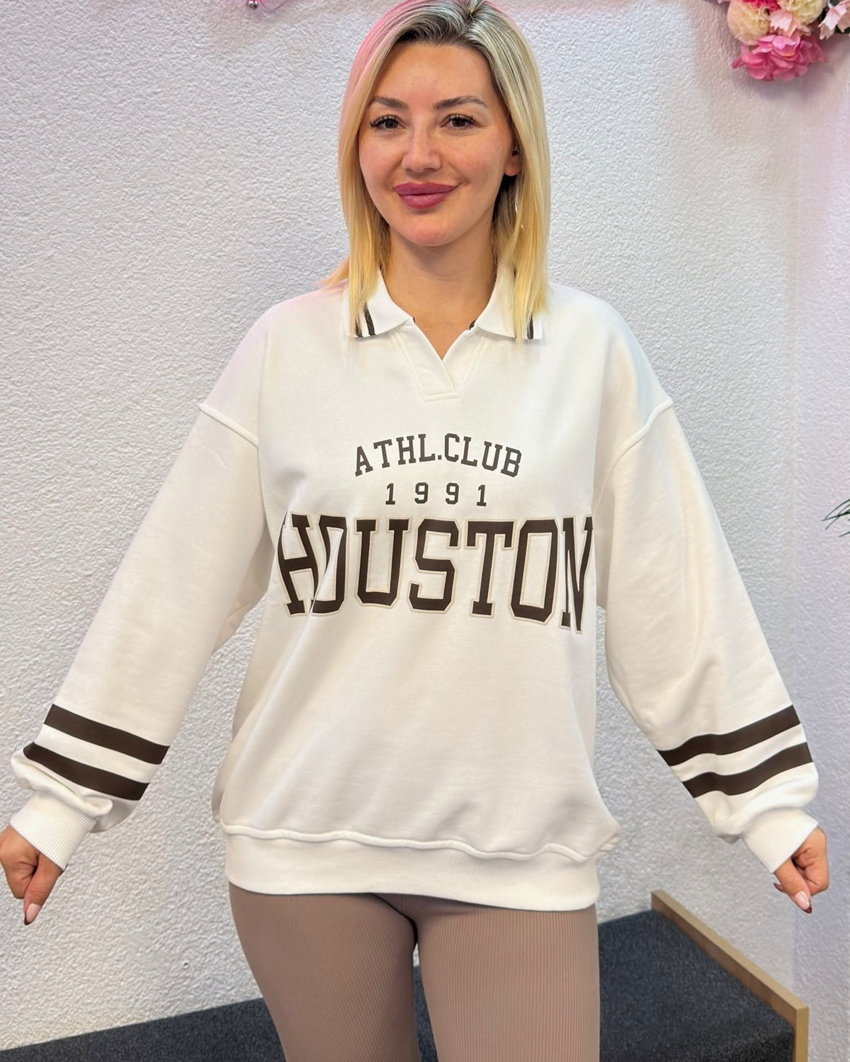 Kadın Ekru Houston Baskılı Polo Yaka Sweatshirt