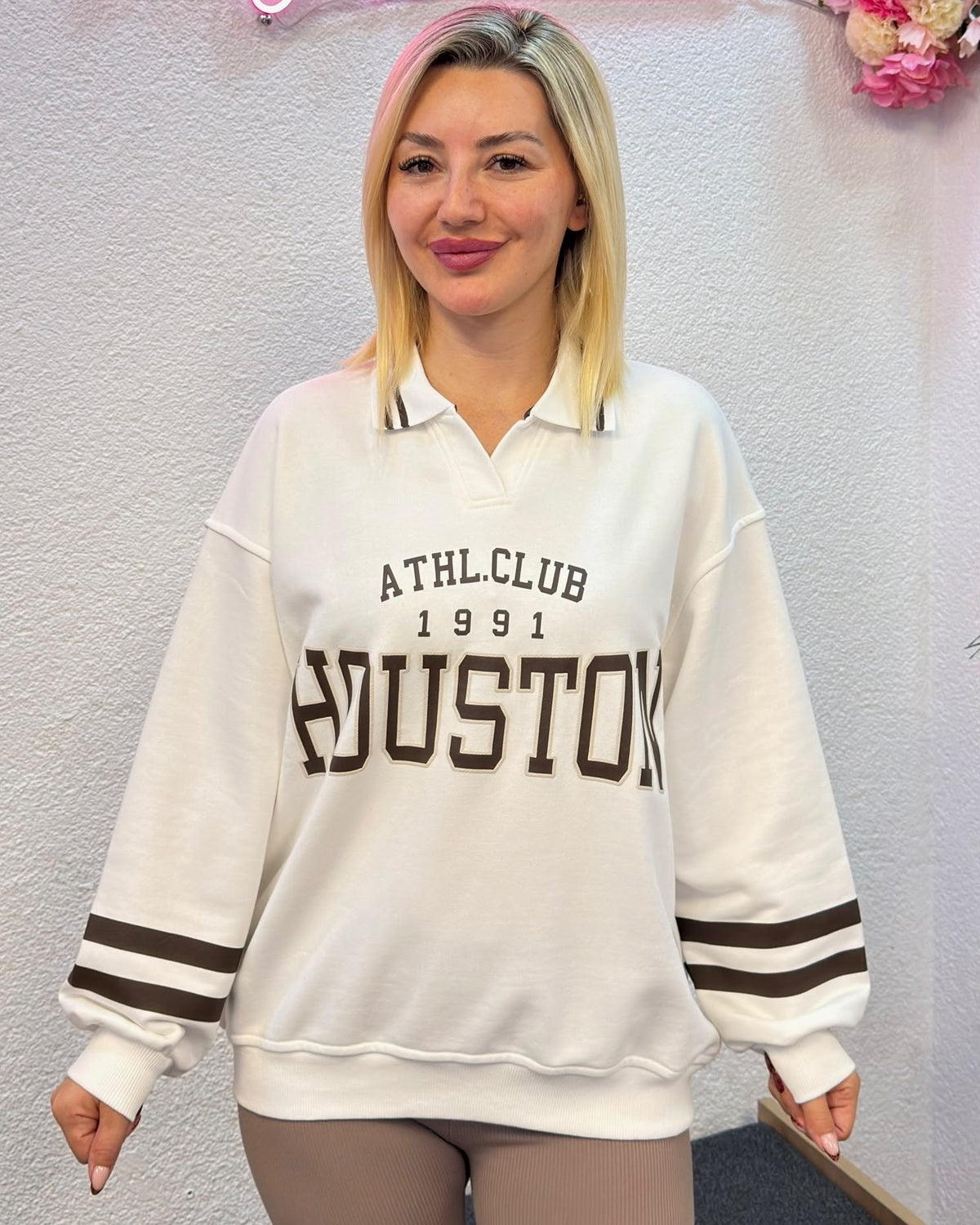 Kadın Ekru Houston Baskılı Polo Yaka Sweatshirt
