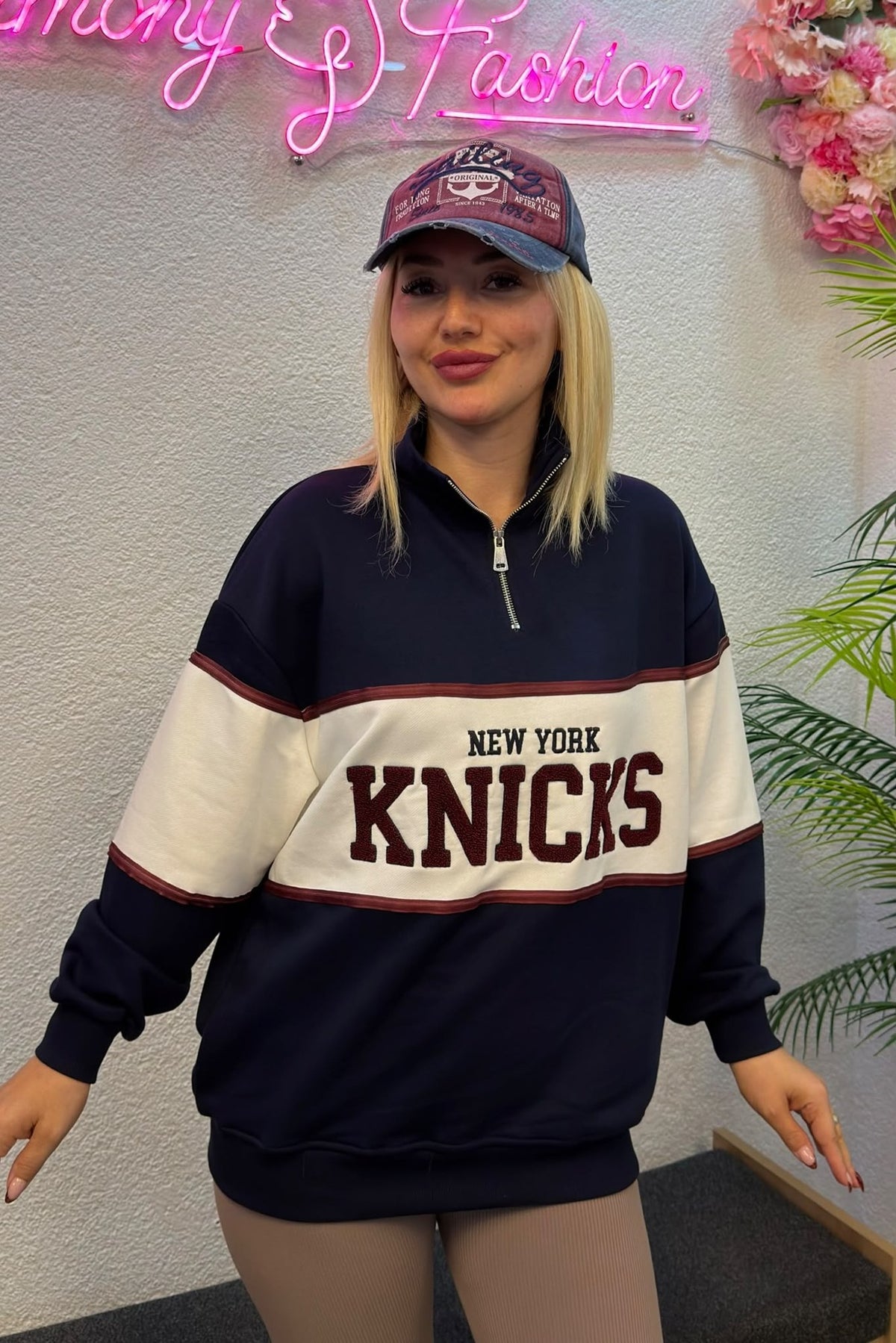 Kadın Lacivert New York Knicks Baskılı Fermuarlı Sweatshirt